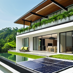 **

"A modern house in Malaysia with solar panels integrated into the roof design, not just attached on top. Balcony features a small solar panel setup. Lush green surroundings. Focus on the seamless integration of solar tech with appealing architecture. Bright sunlight, clear skies."

**