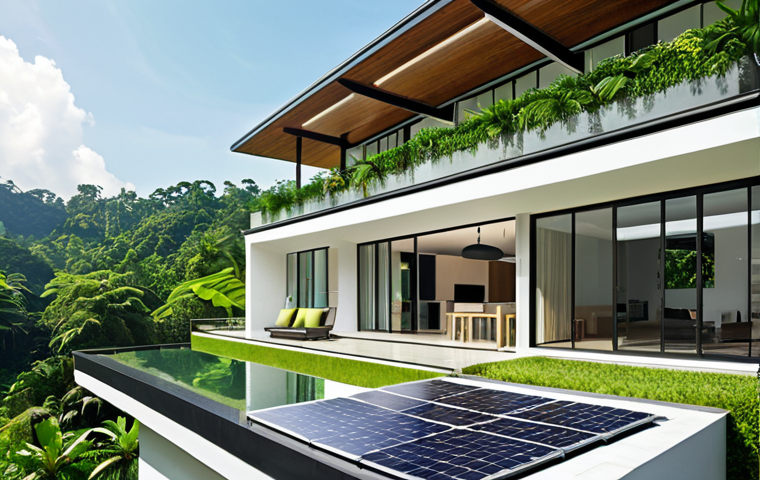 **
"A modern house in Malaysia with solar panels integrated into the roof design, not just attached on top. Balcony features a small solar panel setup. Lush green surroundings. Focus on the seamless integration of solar tech with appealing architecture. Bright sunlight, clear skies."
**