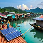 **

A vibrant Malaysian fishing village scene. Solar panels are installed on the roofs of houses, and a community solar power center is visible in the background. Fishermen are using electric lights to attract fish at night. Villagers are engaged in small businesses like making handicrafts and selling food. The overall atmosphere should convey economic empowerment and improved living standards.

**