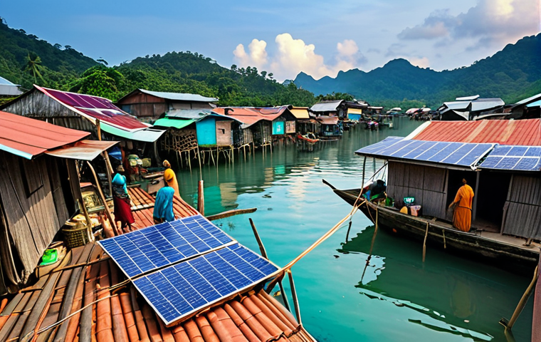 **
A vibrant Malaysian fishing village scene. Solar panels are installed on the roofs of houses, and a community solar power center is visible in the background. Fishermen are using electric lights to attract fish at night. Villagers are engaged in small businesses like making handicrafts and selling food. The overall atmosphere should convey economic empowerment and improved living standards.
**