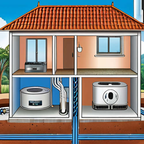 **Image Prompt:** A cutaway illustration showing a geothermal system installed in a Malaysian home. The underground loop system is visible, highlighting the water/coolant circulation. Above ground, the heat pump unit is connected to the home's ductwork. The illustration clearly labels the earth's stable temperature zone (10-16 degrees Celsius) and shows arrows indicating heat transfer during both summer (cooling) and winter (heating). The background includes a typical Malaysian house and landscape.