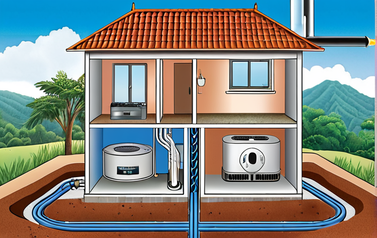 **Image Prompt:** A cutaway illustration showing a geothermal system installed in a Malaysian home. The underground loop system is visible, highlighting the water/coolant circulation. Above ground, the heat pump unit is connected to the home's ductwork. The illustration clearly labels the earth's stable temperature zone (10-16 degrees Celsius) and shows arrows indicating heat transfer during both summer (cooling) and winter (heating). The background includes a typical Malaysian house and landscape.
