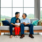 A professional image of a multi-generational Malaysian family, including a mother, father, and child, relaxing comfortably in the bright, naturally lit living room of their modern eco-friendly home. The room features high ceilings, large windows promoting cross-ventilation, and subtle traditional Malaysian design elements. They are fully clothed in modest, comfortable home attire. The scene emphasizes a sense of peace, comfort, and sustainable living. safe for work, appropriate content, fully clothed, family-friendly, perfect anatomy, correct proportions, natural pose, well-formed hands, proper finger count, natural body proportions.