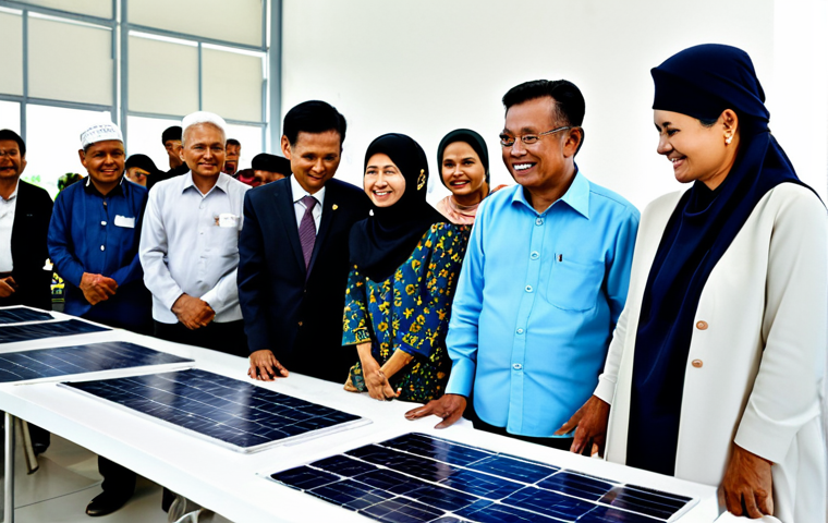 **

"A diverse group of Malaysians attending a community workshop on renewable energy, fully clothed, appropriate attire, safe for work, modest clothing. The workshop is held in a bright, modern community center with displays of solar panels and wind turbine models. The people are engaged in discussions and hands-on activities. Include elements of Malaysian culture in the background, such as batik patterns or traditional crafts. Perfect anatomy, correct proportions, natural pose, professional photography, family-friendly, high quality."

**