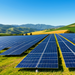 **Certified Solar Panel Field:** "A vast field of solar panels, gleaming under a bright sun, with rolling hills in the background. Certified 'Green Energy' logo visible. Clear blue sky. Professional photography, safe for work, appropriate content, fully clothed, family-friendly, natural proportions, well-formed hands."