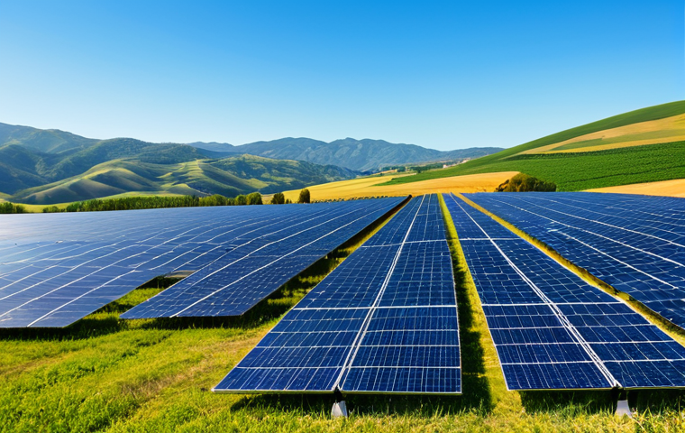 **Certified Solar Panel Field:** "A vast field of solar panels, gleaming under a bright sun, with rolling hills in the background. Certified 'Green Energy' logo visible. Clear blue sky. Professional photography, safe for work, appropriate content, fully clothed, family-friendly, natural proportions, well-formed hands."